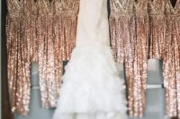 12 copper sequin draped sleeveless bridesmaids’ gowns