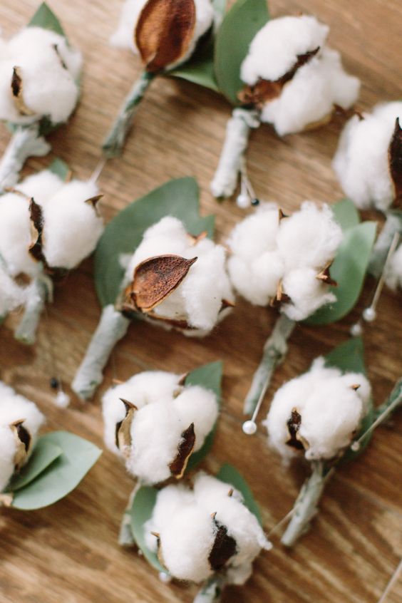 cute cotton and leaf boutonnieres for the groom and groomsmen