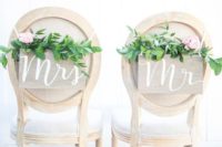 12 simple wooden signs with greenery and pink blooms for elegant rustic chair decor look chic and nice