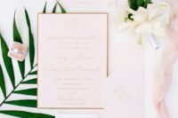 14 blush wedding stationery with gold calligraphy and framing for a cool tropical wedding