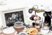 15 a chic hot chocolate bar with a sign, some toppers, tags and gorgeous desserts