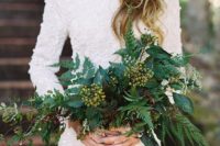 16 a textural greenery bouquet with berries, and a red lip for a bold bridal look