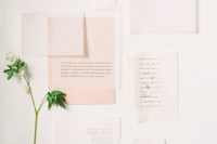 16 modern pastel pink and white wedding stationery set with sheer parts for a odern spring wedding