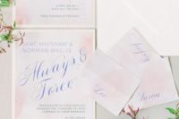 18 watercolor blush wedding stationery with blue calligraphy is a chic spring or summer idea