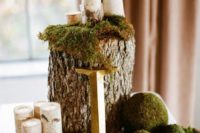 19 a woodland wedding centerpiece with a tree stump, moss balls and birch candle holders