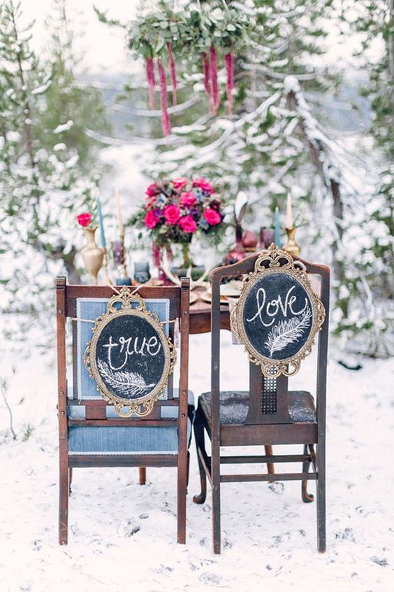creative chalkboard wedding chair signs made with refined vintage frames are a unique idea
