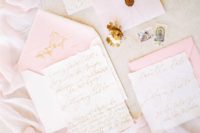 19 cutest pink wedding invitations with gold calligraphy, seals and threads for a glam wedding