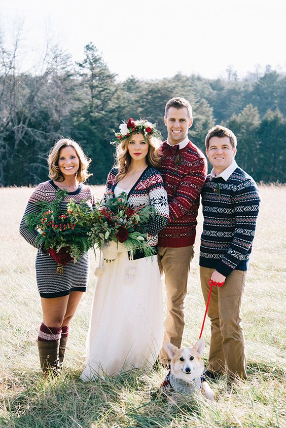 traditional Scandinavian sweaters for the couple and a groomsmen and a bridesmaid