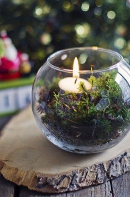 a glass bowl with moss and a tealight is a simple and cheap idea for a woodland wedding