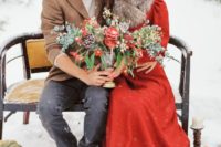 20 vintage-inspired red wedding dress with long sleeves anda faux fur scarf on top to feel warm