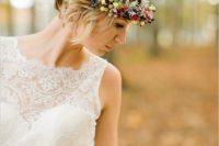 22 short wavy hair with a floral crown inspired by the fall, with berries and succulents