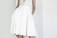 23 a plunging neckline wedding dress with a lace sleeveless bodice and a pleated skirt is a very sexy idea