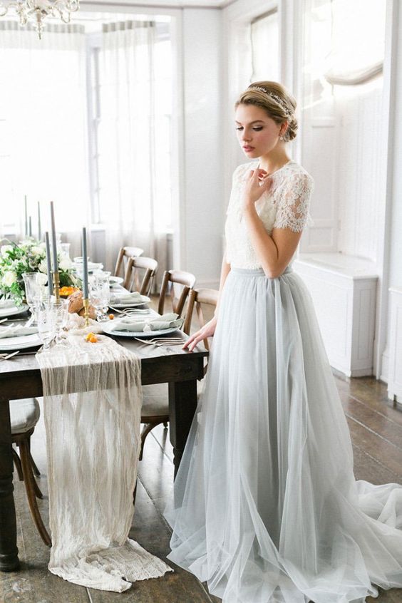 a chic bridal separate with a short sleeve lace top and a flowy grey skirt for a fashion-forward bride