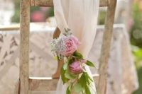 24 light airy white fabric with a pink floral posie and leaves for a vintage-inspired or garden wedding