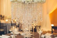 25 a glam white hydrangea and hanging crystals wedidng centerpiece for an Old Hollywood wedding