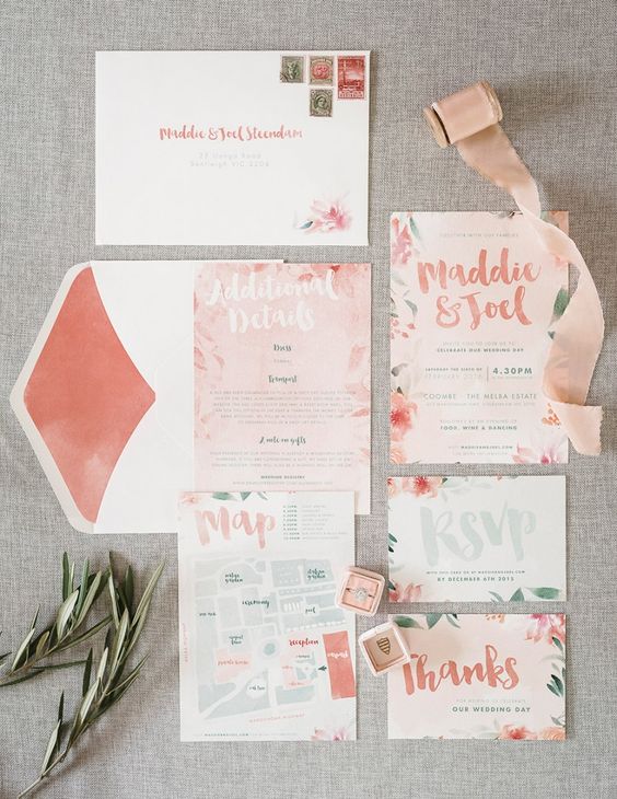 pastel peachy wedding invitation suite with florals and botanicals and bold lining