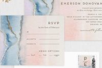 26 pink and blue invitations with a marble print and gold leaf decor is a very chic and elegant idea