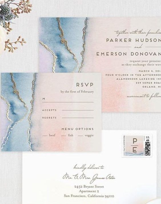 pink and blue invitations with a marble print and gold leaf decor is a very chic and elegant idea