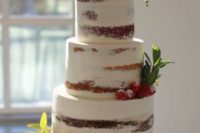 26 semi-naked wedding cake with berries and greenery for a rustic winter wedding