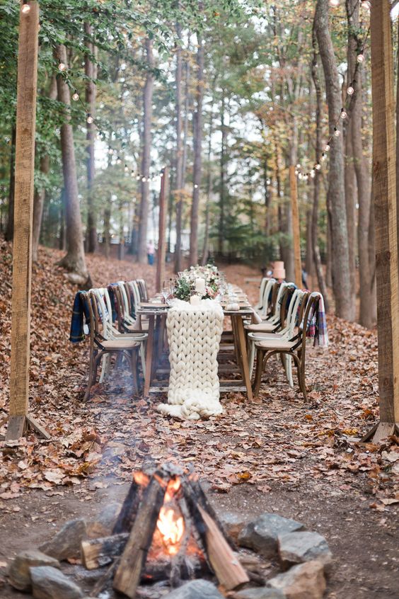 a chunky knit white wedding table runner will help you to embrace the season