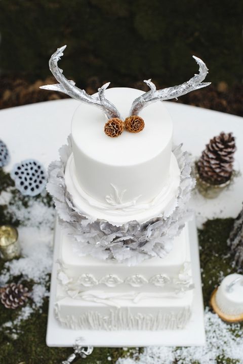 a winter wedding cake topped with pinecones and snowy antlers is great for a chic boho wedding