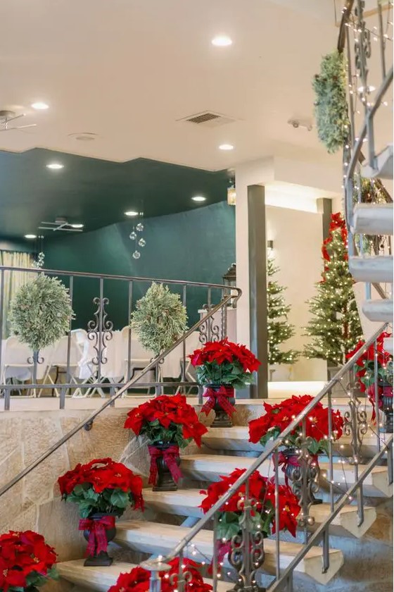 a Christmas wedding venue with red poinsettia bouquets lining up the stairs looks absolutely adorable