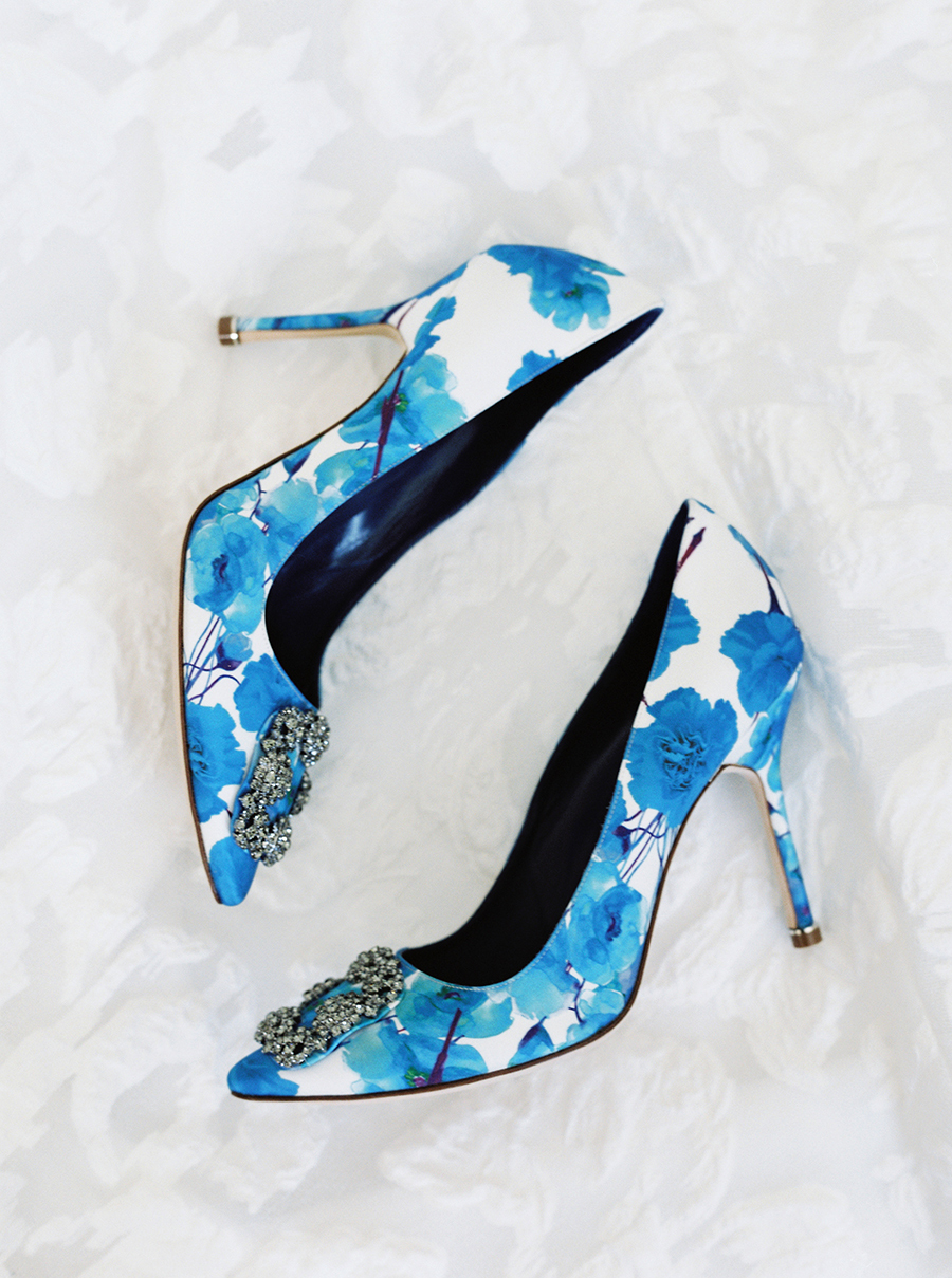 The wedding shoes were with a whimsy blue floral print on