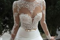 05 a sheath wedding dress with a lace bodice, an illusion sweetheart neckline, long sleeves and a plain skirt