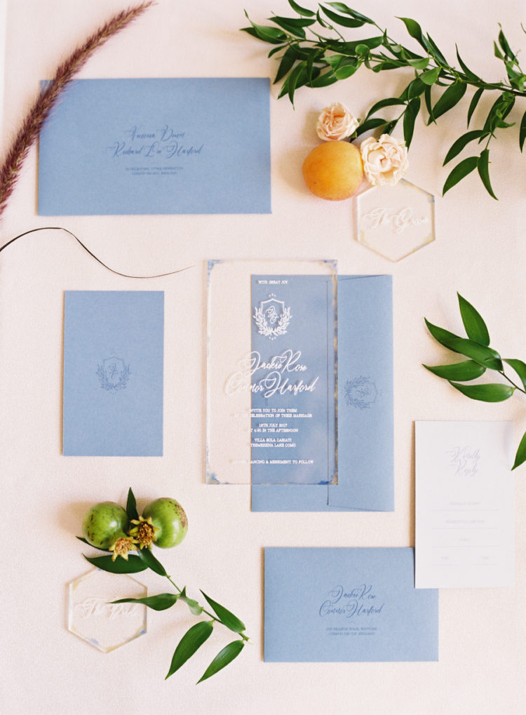 The wedding stationery was done in blue and acryl for a chic and modern look