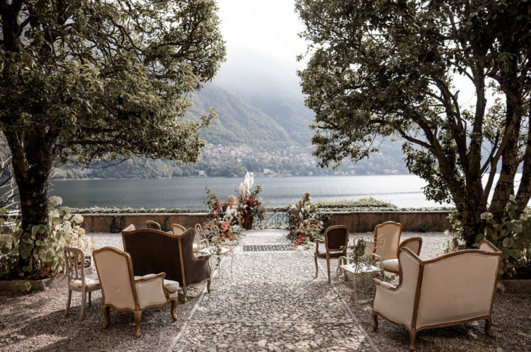 The ceremony was set up to view the lake, and the furniture was taken from the villa