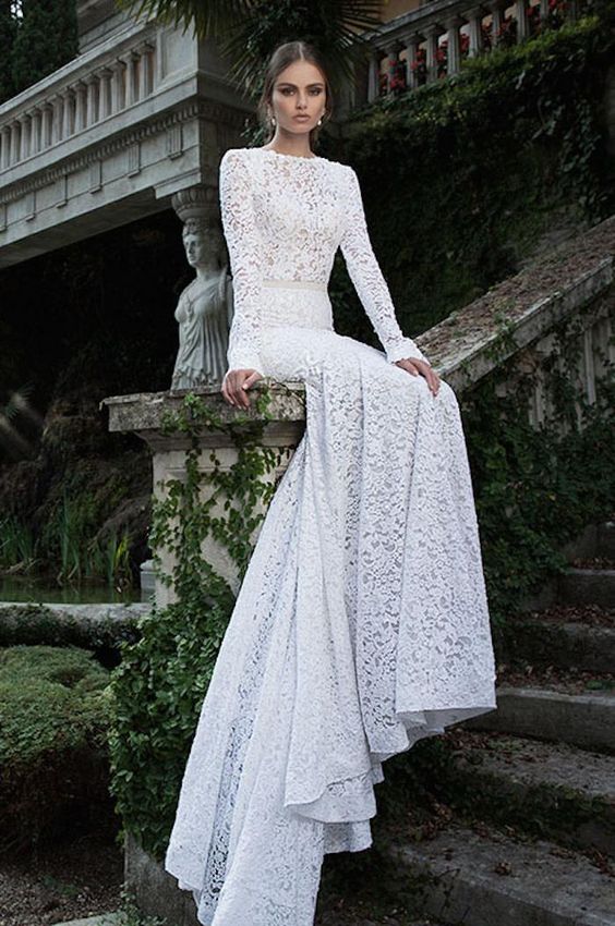 long sleeve textural sheath wedding dress with a train looks wow and highlights your curves