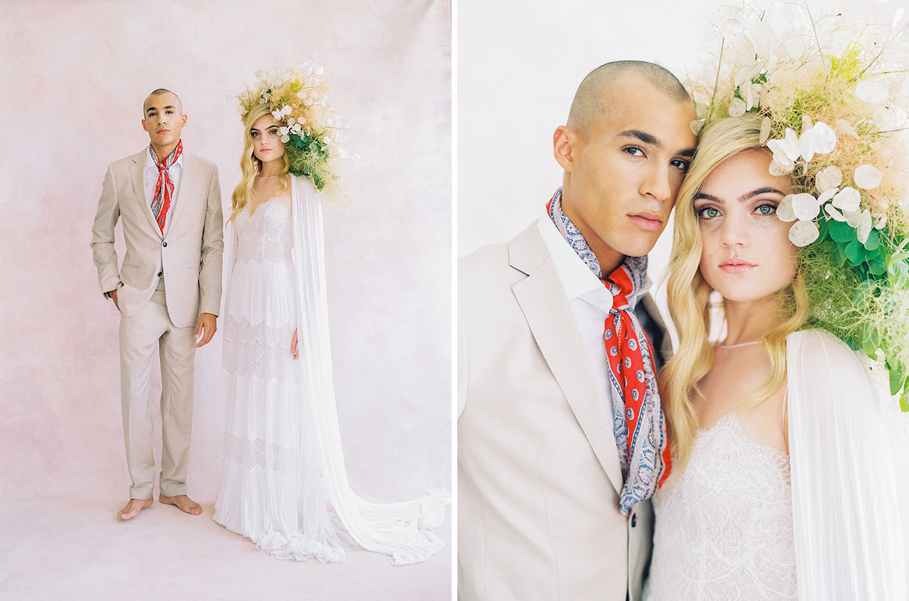The decond bridal look was done with a boho lace wedding dress and a cape and a neutral suit with a colorful tie