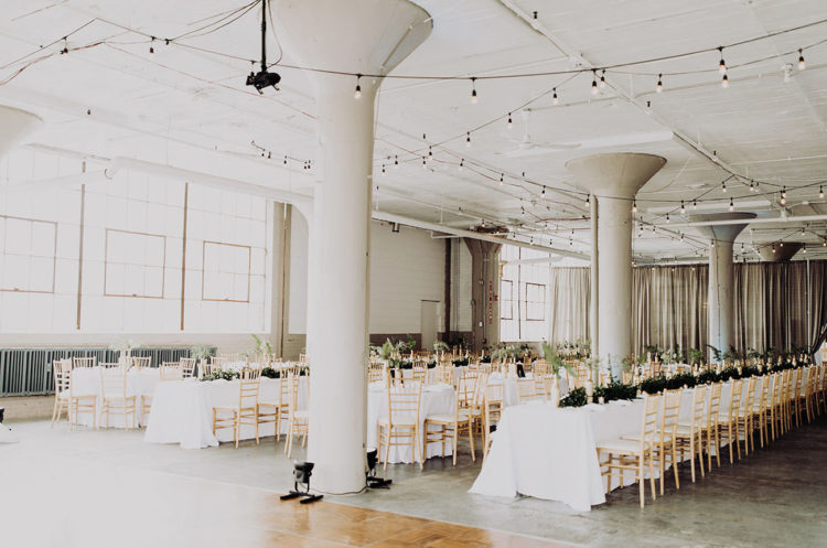 the color palette chosen was white and gold, and foliage refreshed the venue a lot