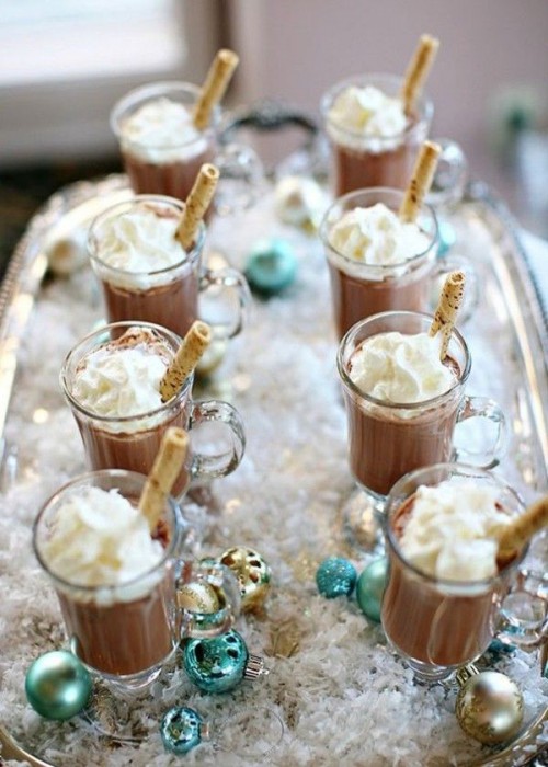 serve hot chocolate on a tray with faux snow and ornaments to make the drinks look cooler