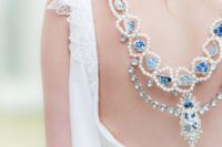 14 statement back necklace with blue geodes, blue rhinestones and pearls for an open back dress