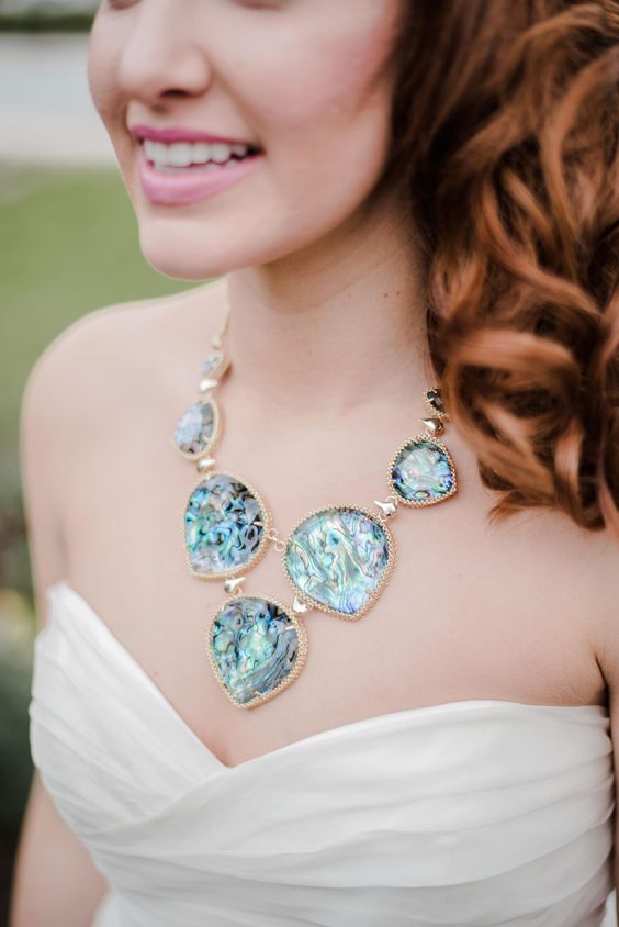 a bold blue geode necklace for something blue, a great idea for a daring bride