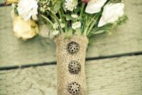 20 burlap wrap with vintage buttons looks rustic and very chic and will match many flowers