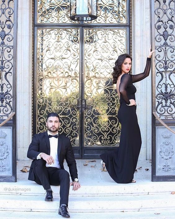 if you like formal style, go for a black evening gown with a cutout back and a tuxedo
