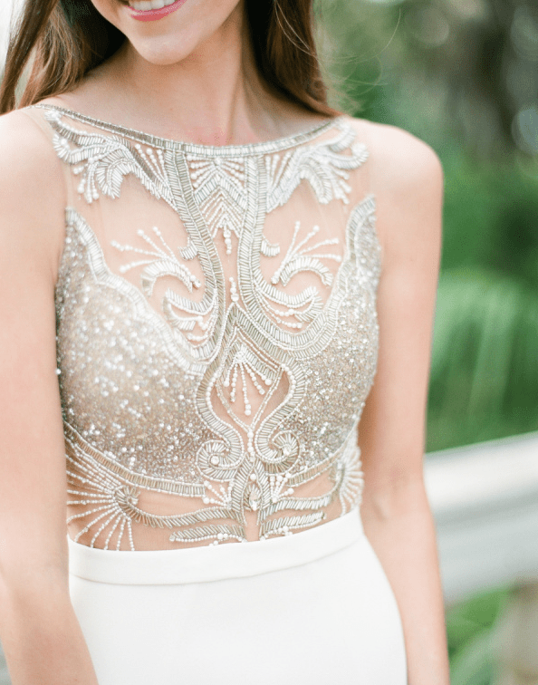 a fantastic illusion embroidered and beaded gold bodice is sure to strike everyone