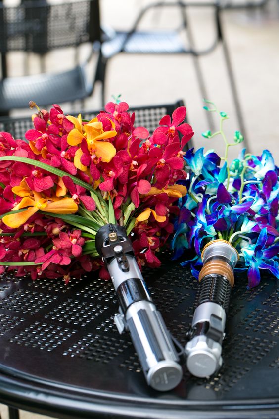 lightsaber bouquet handles for a Star Wars themed wedding