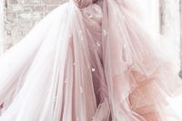 28 pink princess wedding gown with a full layered skirt, long sleeves and white floral lace appliques