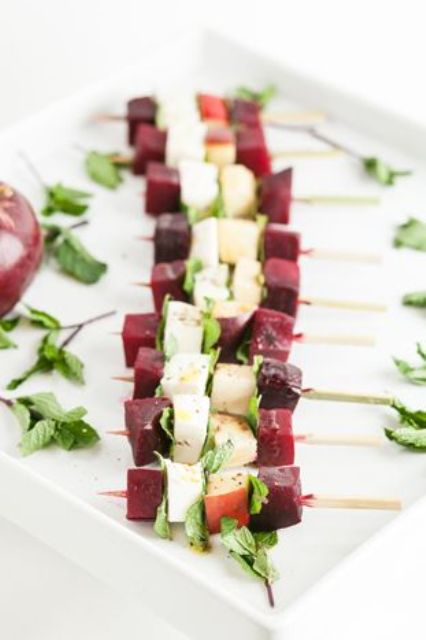 winter Caprese skewers with apples, red beets, and mint is a fresh way to serve the root veggie