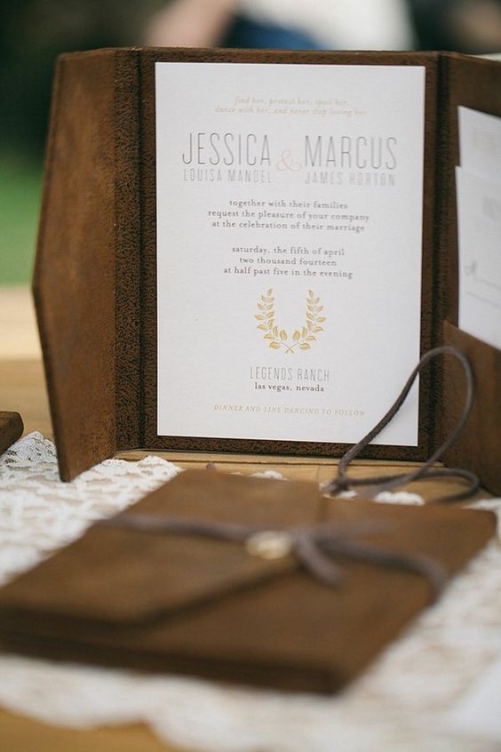 a brown leather invitation book with an invite inside