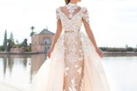 02 a gorgeous peachy sheath wedding dress with white lace appliques and a full overskirt
