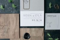 02 an industrial stationery set with wood print envelopes and a grey and white invite