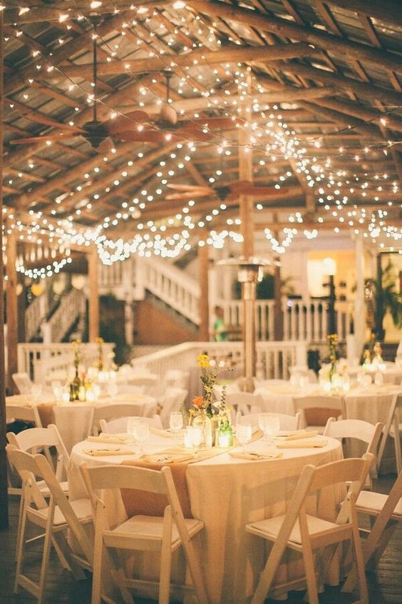 string lights hanging over the reception is a timeless idea, which will fit any wedding style