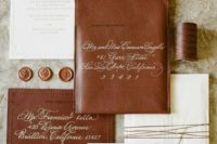 03 a gorgeous brown leather and white paper wedding invitation suite with calligraphy and letter pressing