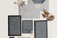 04 a grey wedding invitation suite with letter pressing and black touches