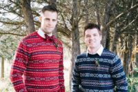04 a red printed sweater with a red bow tie and a groomsman wearing a navy printed jumper
