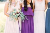 04 mismatching bridesmaids’ dresses and a strapless boho gown for one of them is a great idea